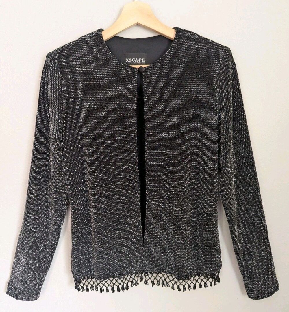 Vtg Y2K Shimmer Mesh Cocktail Jacket Black Sparkle Metallic Beaded Cardigan S